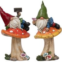 Set di 2 gnomi da giardino divertenti da 17 cm, nani sdraiati sui funghi, statuette di gnomi da giardino in resina con cartello di benvenuto, statuette decorative di gnomi da giardino
