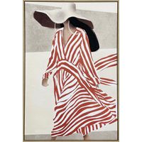 Cuadro decorativo mujer con sombrero y rayas con detalles pintados a mano color rojo, 90x60cm