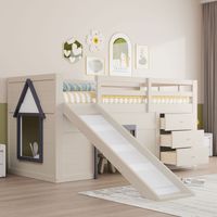 Lit mezzanine 90x200 cm avec toboggan 3 tiroirs et 2 portes moderne MDF blanc laiteux(Sans matelas)