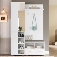 Komplettes Garderoben-Set mit Spiegel, Schuhbank & Garderobenpaneel - Flurgarderobe mit 2 Schubladen, 3 Haken & Kleiderstange - modernes Weiß - 120x35x190 cm