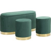 Set 3 Pz Panca Contenitore con 2 Sgabelli Shopy Glam in Velluto Verde e Base in Metallo Oro - 80x37x42 cm - Mobili Decorativi