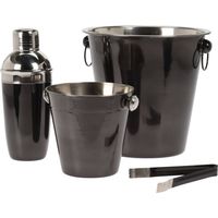 Barzubehör Cocktail-Set: Sektkühler, Eiskübel, Zange, Shaker, schwarz matt, Edelstahl