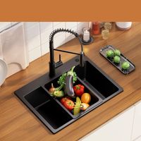 Évier en granit, 60 x 45 cm, avec accessoires, évier à poser, bac à légumes, avec siphon, évier de cuisine, noir ,Ensemble évier, évier de cuisine, simple bac, idéal pour cuisines et hôtels