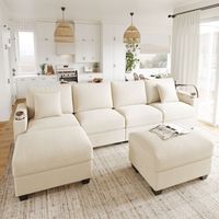 Canapé modulable en U 6 places 275,5x139x87 cm en velours côtelé beige avec ports USB, support téléphone, porte-gobelets et coffres