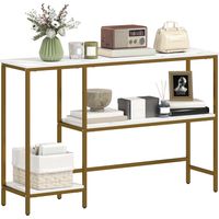 Console meuble 120 cm. table console 3 niveaux avec étagères de rangement. plateaux imitation marbre. blanc et doré
