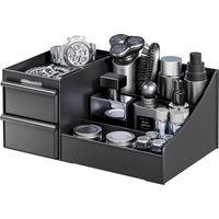 Organisateur cosmétique noir mat pour homme, avec tiroirs, rangement parfum et skincare, salle de bain.