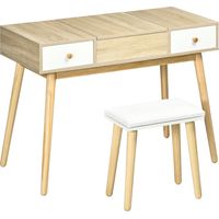 Tocador maquillaje espejo abatible mesa taburete acolchado cojín suave compartimentos cajones patas madera maciza 100x45x118 cm