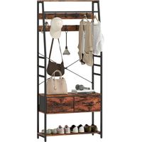 Organiseur d'entrée style industriel 6-en-1, coloris marron et noir, meuble multifonction pour couloir et hall de maison