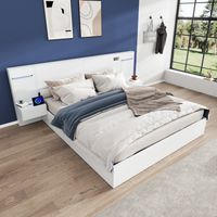Letto 160x200 cm in MDF bianco, con rete a doghe, USB-A/C, Bluetooth, orologio LED e 2 comodini
