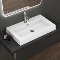 doporro Lavabo da Appoggio Rettangolare, Lavabo Bagno Sospeso con Foro Rubinetto e Troppopieno in Marmo Resina Bianco Lucido, Lavandino Bagno 73x48x10cm Colossum18