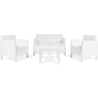 Toomax Set Salotto da giardino Matilde 4 posti bianco, in plastica resistente effetto rattan, 2 poltrone con schienale ergonomico, divanetto da 2 posti e tavolo, ideale per spazi esterni
