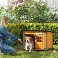 Cuccia per cani esterno legno acciaio antimorso, tetto apribile tenda porta, jaune