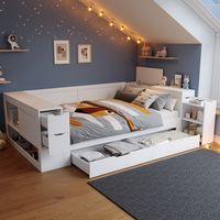 DESVIAE Lit enfant banquette avec rangement 140 x 200 cm blanc en MDF avec tiroir profond étagères armoires table de chevet et sommier à lattes