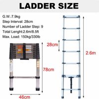 échelle télescopique de 2,6 mètres, en acier inoxydable, antidérapante, grade 9, portant 150 kg