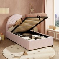 Lit coffre enfant 90×200cm, lit simple, sommier à lattes rembourré, sans matelas, velours, rose