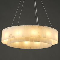 Kviflon lustre rond albâtre 79 cm, laiton doré, salle à manger