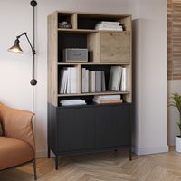 Bibliothèque 3 portes 90x40x169,5 cm décor chêne et noir - NANGY