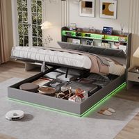 Cama con canapé 140x200 cm - Cama doble 140x200 con somier - Cabecero abatible con LED RGB y USB-C - En lino gris