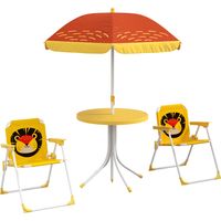 Set de 2 Sillas Plegables y Mesa para Niños Mesa con Sombrilla Ajustable en Altura Temática de León para Jardín Amarillo