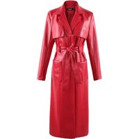 Manteau long en cuir synthétique rouge avec poches pour femme Printemps Automne