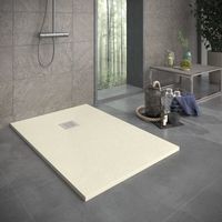 Mineralguss-Duschwanne extra flach SIERRA Schieferoptik Beige 80x110 cm Ablaufschutz in Chrom