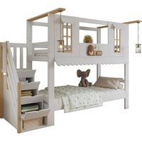 Etagenbett aus Kiefer und MDF Weiß/Natur 90x200 cm mit Aufbewahrungstreppe