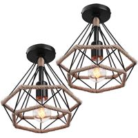 Lámparas de Techo, Vintage Plafones con Ø25cm Jaula de Diamante, Luminaria de Techo de Cuerda de Cáñamo para Dormitorio Salon (Negro) 2PCS