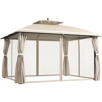 Gazebo da Giardino 3.7 x 3 m con Zanzariera, Tende Laterali e Doppio Tetto, Beige