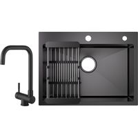 Cecipa 60×45×18 cm Lavello da Cucina Nero - Lavello a 1 Vasca con Cestello di Scarico + rubinetto da cucina pieghevole Miscelatore pieghevole sotto finestra Nero