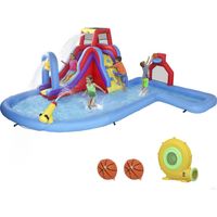 Castillo Hinchable Acuático con Soplador 550W Tobogán Pared de Escalada Piscina Aro de Baloncesto Portería de Fútbol