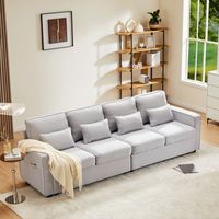 Gerade Sofa 4 Plätze aus Leinen mit Armlehnen-Taschen, Hohe Rückenlehne und 4 Kissen, Grau
