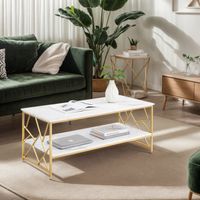 Rechteckiger Couchtisch, Weiße Marmoroptik, mit Stauraum, Goldfarbene Metallfüße, Wohnzimmer