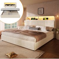 DESVIAE Lit double rembourré 140 x 190 cm avec tête de lit réglable rangement LED USB Type C beige