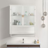60CM Glass Doors Modern Two-door Wall Cabinet with Featuring Two-tier Enclosed Storage, an Open Shelf, and Towel Rack, for Entryway Living Room Bathroom Dining Room,White