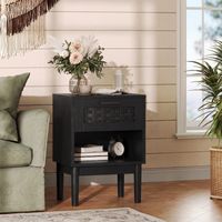 Lot de 2 tables de chevet en cannage, Table de nuit moderne avec 1 tiroir et compartiment ouvert, pieds en bois, Table d'appoint 40x30x55cm, Noir