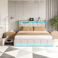 HYTKKBD - Lit Double 140x200 cm avec 4 Tiroirs,Lit Adulte avec Éclairage LED et Ports USB,Cadre de Lit avec Sommier à Lattes,Facile à Assembler,Tissu en Lin - Beige