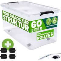DEUBA® Caja Almacenamiento Plástico Transparente Resistente Capacidad 30 ó 60 Litros Organizador con Tapa 4 Ruedas Libre de BPA Contenedor Apilable 60L (de)