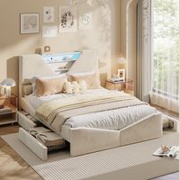 Polsterbett 140x200 cm mit Dreieck Kopfteil, 3 Ablagen und 2 Schubladen, LED und USB Anschluss, Holzlattenrost, Samt Beige