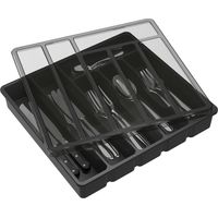 Organizador de cubiertos GABRIELLE con cajón y tapa, organizador de cubiertos de cocina, organizador de cubiertos de plástico para cucharas, tenedores y cuchillos, 6 compartimentos, color negro