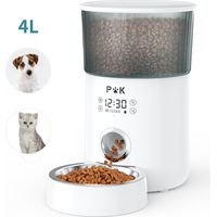 LCD Distributeur de Croquettes 4L p&k pour Chats et Chiens Blanc M80 Distributeur Automatique de Nourriture avec Bol en Acier Inoxydable, Programmable 5 Repas par Jour Fonction d'enregistrement