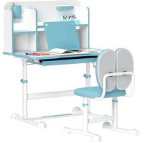 Set Scrivania e Sedia per Bambini Regolabili, Banco Scuola con Piano Inclinabile, Cassetto, Scaffale, Blu
