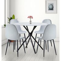 Hallowood Furniture Cullompton Round Dining Table And Chairs Set 4, Marble Effect Top Small Kitchen Table and Chairs in Grey Fabric with Black Metal Legs for Home, Office Pantries and Cafes