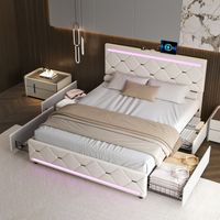 Letto 160x200 cm - letto matrimoniale - letto per adulti - con 4 cassetti - illuminazione a LED - funzione di ricarica USB - velluto - rete a doghe - letto con cassetti - letto per ragazzi - beige