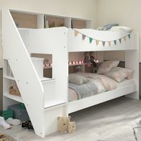 Lit superposé 90x200 avec rangement – Panneaux de particules blancs – Échelle antidérapante – Table de chevet intégrée – Parisot
