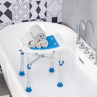 Taburete/silla de ducha: asiento acolchado y ajustable, patas con ventosas antideslizantes, aluminio azul.