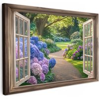 QUADRO SU TELA Vista - Giardino - Finestra - Ortensia - Fiori 30x20 cm