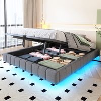 Doppelbett mit Stauraum (160 x 200 cm), schwebendes Design, hydraulischer Stauraum und LED-Beleuchtung, grauer Leinenbezug. Kopfteil und Matratze sind nicht im Lieferumfang enthalten.
