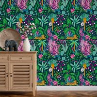 Papier peint tropical design forêt avec animaux Tiger
