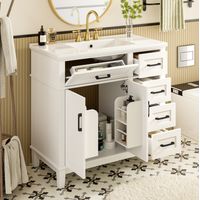 Waschtischunterschrank MDF/Keramik Weiß, 90 x 46 x 87 cm, mit 5 Schubladen, Doppeltürenschrank und Keramikwaschbecken