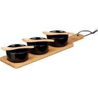 3 schwarze Schalen mit Bambustablett